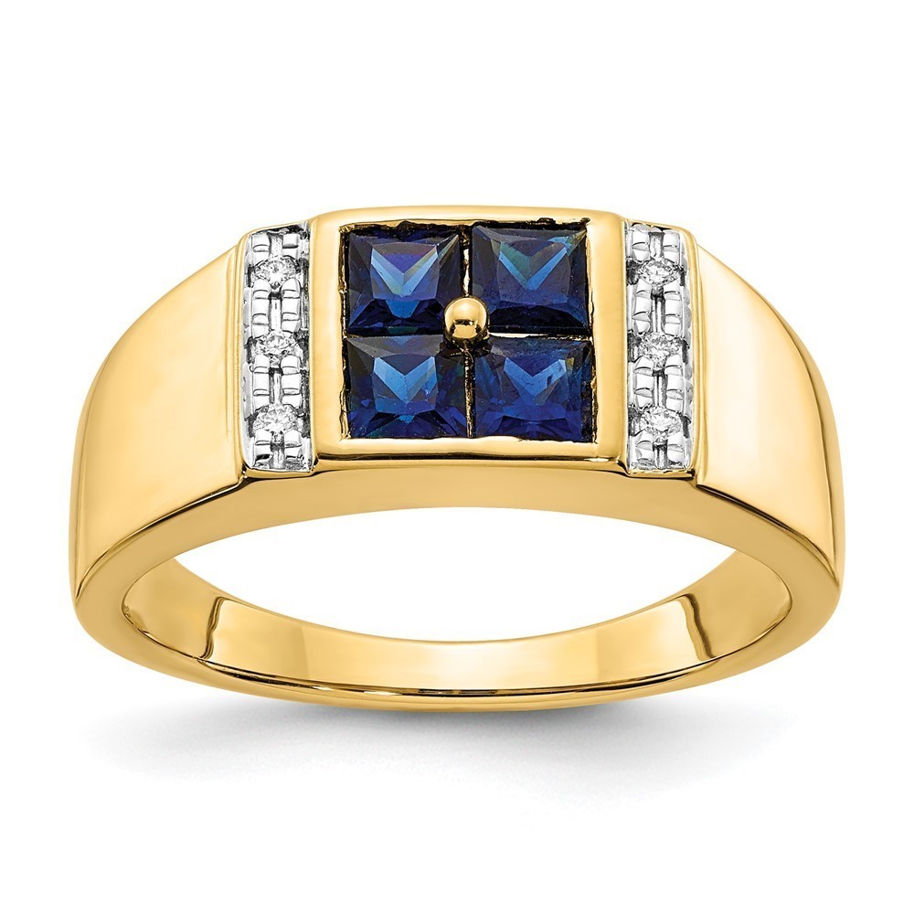 14k Yellow Gold Created Blue Sapphire Sept Birthstone & Diamond Mens Ring (10)